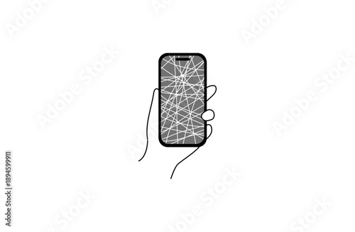 画面が割れたスマホを手に持つモノクロイラスト フラットデザイン