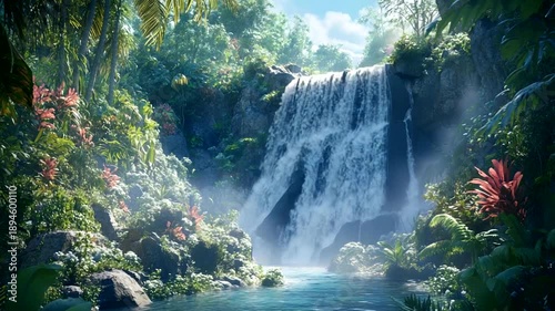 Lush jungle waterfall cascading into a clear turquoise pool surrounded by vibrant green foliage and exotic flowers.