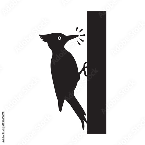 A woodpecker in silhouette hits a tree with a shocked expression vector shilhoutte icon use as a symbol, web graphic design, and infographic icon