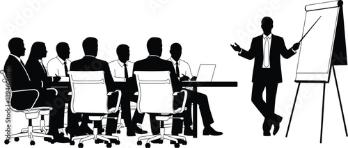 Business meeting silhouette, corporate presentation, team discussion, flip chart briefing, professional collaboration, office teamwork, formal attire, vector illustration, workplace strategy