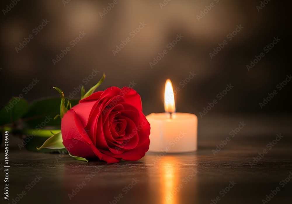 Fototapeta premium Single Red Rose and Lit Candle on Dark Surface, Romantic Ambiance