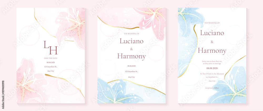 Naklejka premium Minimal watercolor wedding invitation vector set with champagne beige and blush pink watercolor background, gold dust accents, botanical leaves and monogram frames.