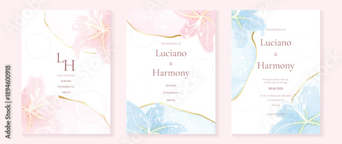 Minimal watercolor wedding invitation vector set with champagne beige and blush pink watercolor background, gold dust accents, botanical leaves and monogram frames.