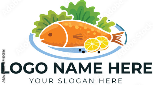 Cooked fish plate logo vector with lemon and greens for seafood restaurant, catering, or culinary branding
