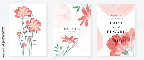 Watercolor floral wedding invitation vector set with blush pink, coral and red watercolor background, daisy flowers, botanical leaves and soft paint textures. Romantic design for save the date cards.