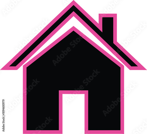 Modern Minimalist House Icon Stylish Black Silhouette with Vibrant Pink Outline, Perfect for Home and Real Estate Graphics