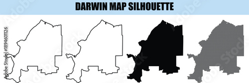 Darwin map silhouette graphics set featuring northern territory capital boundaries in solid and dotted artistic formats
