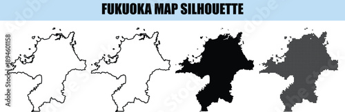 Fukuoka map silhouette set including solid shapes and halftone patterns for japanese regional identity and map designs