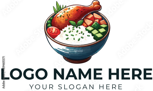 Wholesome food bowl logo vector with chicken, rice, and vegetables for restaurant, catering, or culinary branding