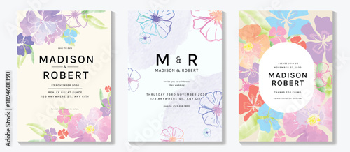 Watercolor floral wedding invitation vector set with blue, teal and pastel watercolor background, rose flowers, botanical leaves and soft paint wash. Modern design for save the date cards, RSVP.