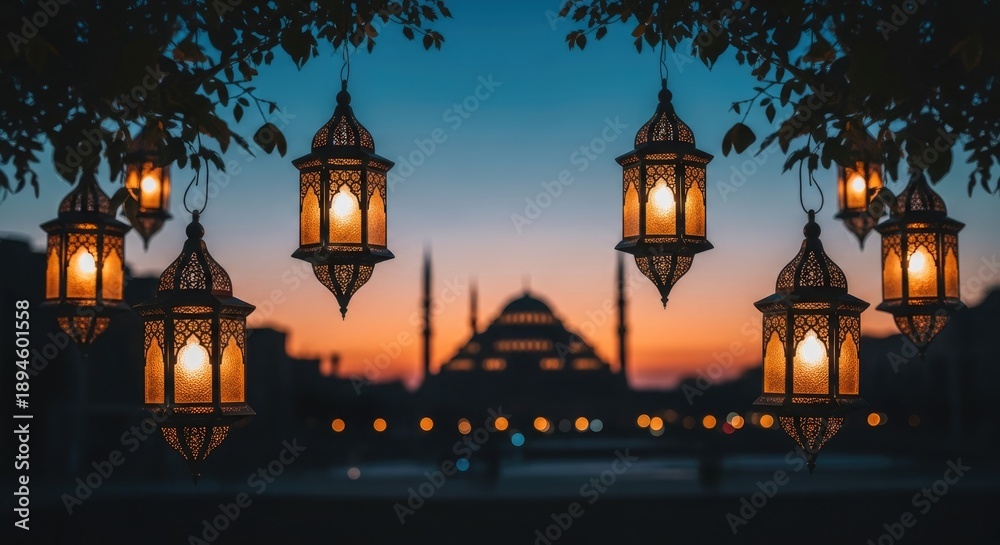 Fototapeta premium Ramadan nights lanterns illuminate mosque at sunset symbolizing fasting and faith