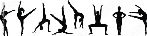 Black silhouette female gymnast dancers performing flexible poses isolated on white background acrobatic fitness yoga illustration set
