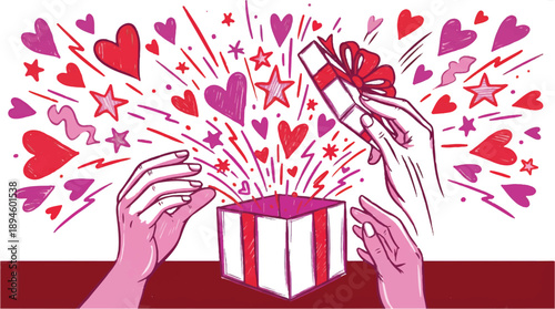 hands holding a gift box with hearts and stars exploding from it