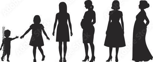 Black silhouette female life stages from child to adult isolated on white background family growth age evolution illustration set