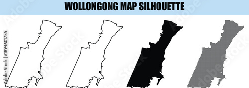 Wollongong map silhouette illustration in outline solid fill dotted formats on clear background for creativity