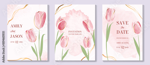 Watercolor floral wedding invitation vector set with soft yellow, blush and green watercolor background, botanical stems, gilded frames and delicate flower accents. 