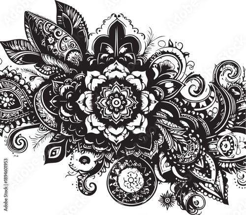 Black and White Mehndi Design Vector | Intricate Henna Art Illustration