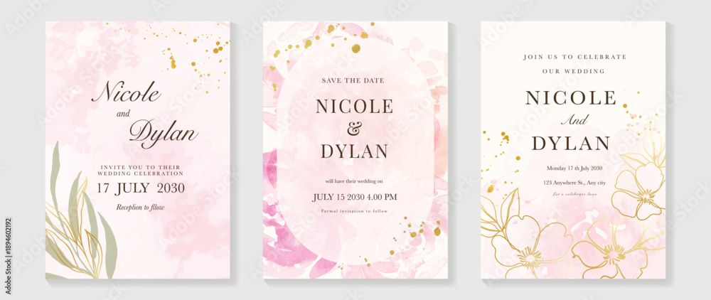 Fototapeta premium Watercolor floral wedding invitation vector set with blush pink and gold watercolor background, soft flowers, botanical leaves and confetti accents. Romantic design for save the date cards.
