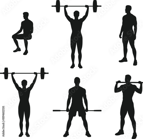 Black silhouette man weightlifting gym workout exercises set isolated on white background fitness strength training illustration collection