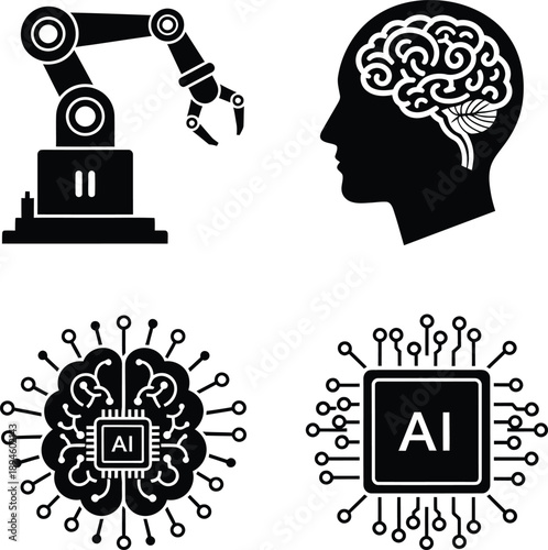 Collection of icons representing artificial intelligence, including a robotic arm, a human head with a brain, and a computer chip with AI inscribed
