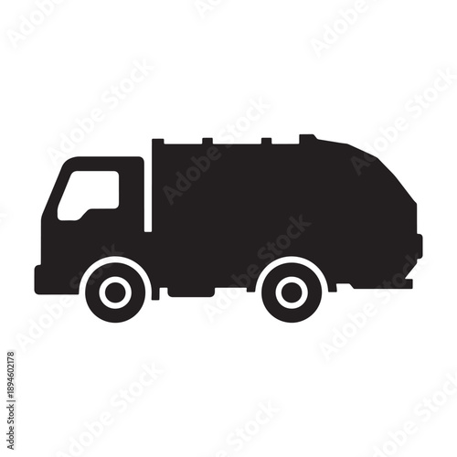 A black silhouette of a garbage truck against a white background vector shilhoutte icon use as a symbol, web graphic design, and infographic icon