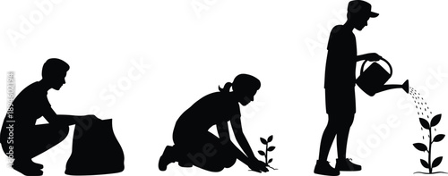 Black silhouette people gardening planting watering plants isolated on white background agriculture nature growth eco lifestyle illustration set