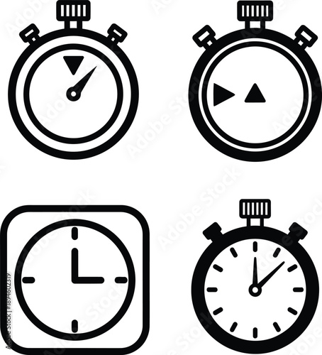 Collection of Minimalist Stopwatch and Time Clock Vector Icons for Measurement and Tracking Applications