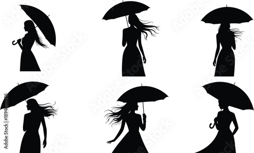 Black silhouette women holding umbrellas walking in wind elegant female figures isolated on white background rainy weather illustration set