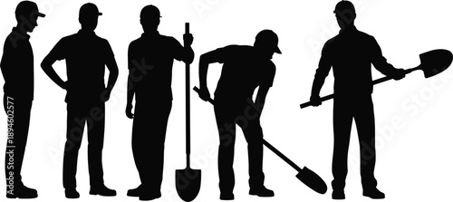 Construction worker silhouettes with tools, manual labor teamwork concept, black vector illustration of builders digging, working, industry workforce