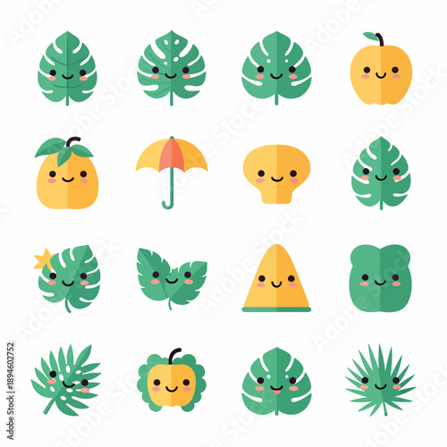 Cute Kawaii Icons Set of Tropical Fruits and Leaves