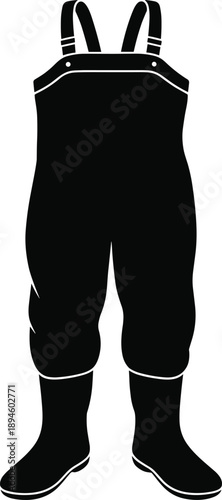 Farmer overalls silhouette with rubber boots, agricultural workwear clothing illustration, farming equipment outfit concept, isolated black vector design