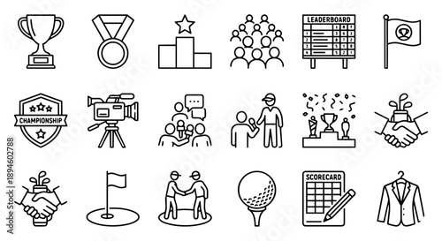 Golf tournament championship icon set with trophy, leaderboard, and awards.