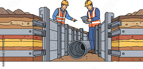 Two construction workers inspect pipeline installation in trench with metal supports and safety gear