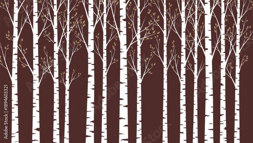Modern nature pattern featuring white birch tree trunks with small brown leaves against a dark brown background.