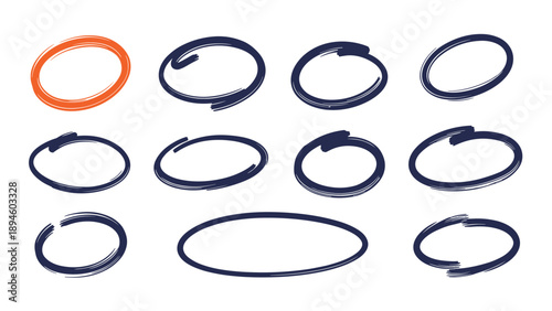 Set of hand drawn oval frames and circle highlights in dark blue and orange for text emphasis and icon borders.