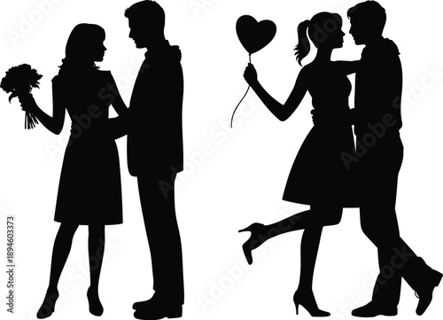 Romantic couple silhouette illustration, love relationship concept, valentines day design, wedding romance art, man and woman embrace, isolated on white