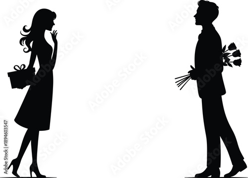 Romantic couple silhouettes facing each other with gift and flowers, love relationship concept, black vector illustration isolated