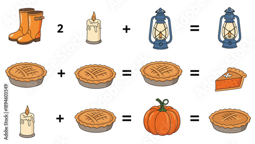 Fall themed educational mathematics worksheet for kids with addition problems using boots candles lanterns and pies.