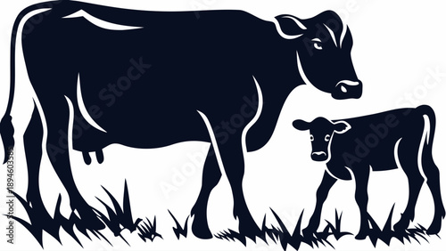 Cow and calf grazing together in grassy field