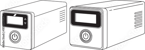 Line art vector illustration of two modern power supply units with digital displays and power buttons
