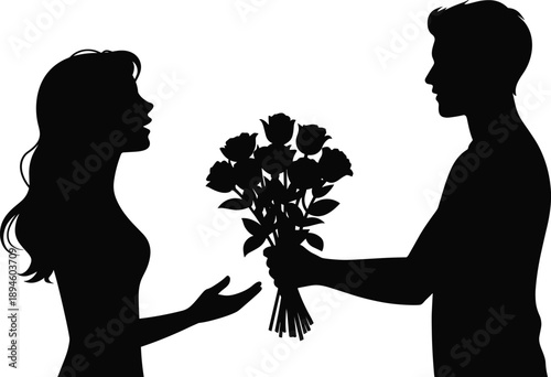 Romantic man giving flowers to woman silhouette, love proposal gesture concept, relationship romance illustration, valentines day emotion, isolated white background