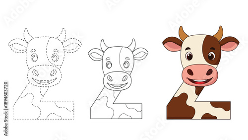 Number two shaped like a cute cartoon cow with spots in tracing outline and colored versions for kids education.