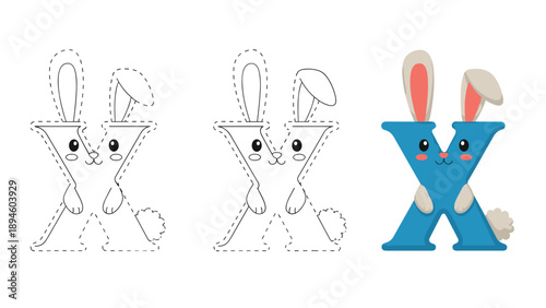 Letter X designed with cute bunny ears and a face shown in tracing outline and blue color versions for kids alphabet.