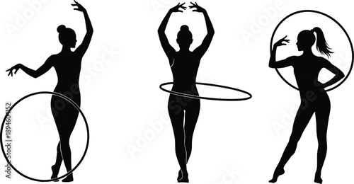 Women hoop dance silhouettes performing rhythmic gymnastics poses, hula hoop fitness exercise, graceful female figures isolated vector illustration