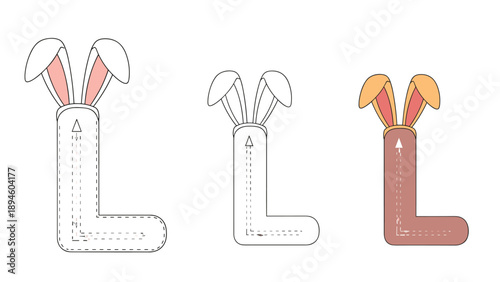 Letter L decorated with cute bunny ears shown in tracing and brown colored versions for kids learning activities.