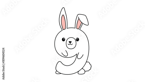 Number nine represented as a happy white bunny mascot with long ears and pink cheeks on a white background for kids nursery decor.
