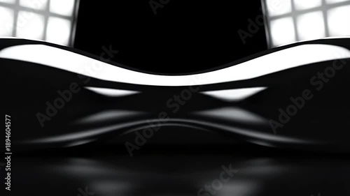 Abstract black liquid art forms with reflective surfaces and bright lights.