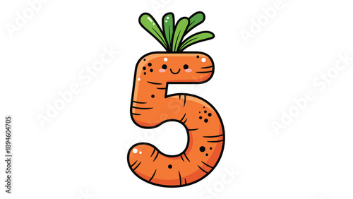 Number five designed as a happy orange carrot with green leaves for children healthy eating and educational math learning materials.