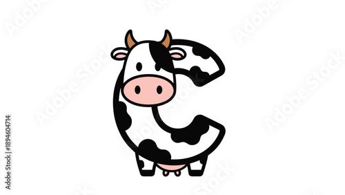 Letter c illustration shaped like a cow with black spots and horns on a white background for farm animal themed children learning.