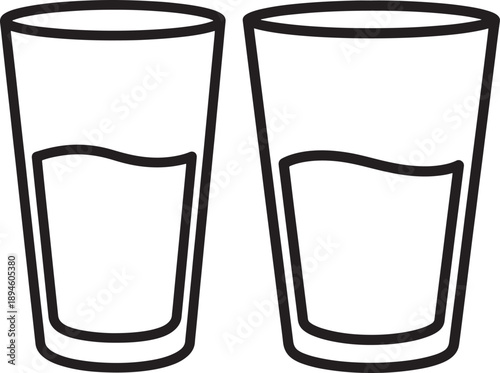 Line art drawing of two glasses filled with liquid, representing drinks, refreshment, or clear liquids